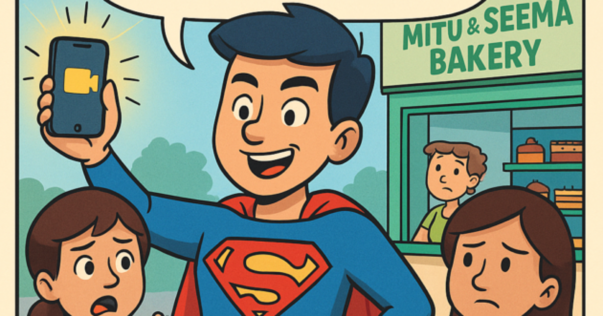 SEO comic story showing Sougan the digital marketing superhero helping Mitu and Seema’s bakery go viral using Instagram reels