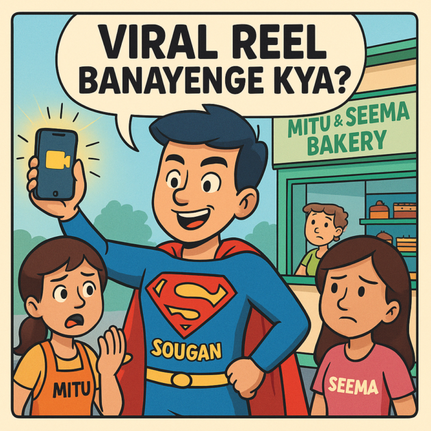 SEO comic story showing Sougan the digital marketing superhero helping Mitu and Seema’s bakery go viral using Instagram reels