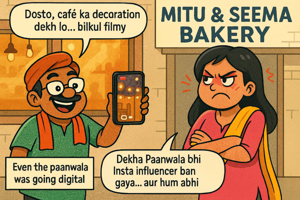 Mitu shows Sougan her new bakery website while Seema smirks in the kitchen, the start of an SEO comic story.