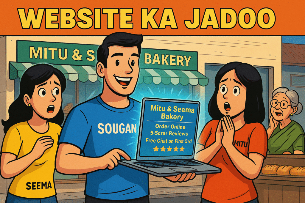 SEO comic story featuring Sougan the digital marketing superhero helping Mitu and Seema’s bakery compete with a modern café using online marketing