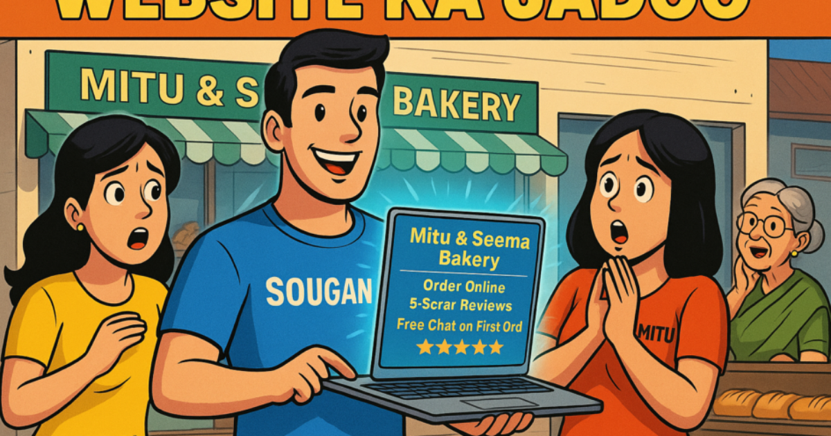 SEO comic story featuring Sougan the digital marketing superhero helping Mitu and Seema’s bakery compete with a modern café using online marketing