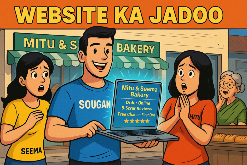 SEO comic story featuring Sougan the digital marketing superhero helping Mitu and Seema’s bakery compete with a modern café using online marketing