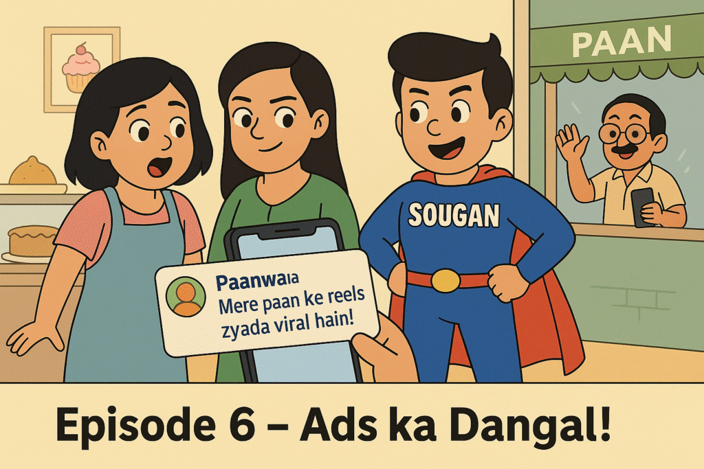Sougan, Mitu and Seema see a viral phone screen as Paanwala watches jealously in this SEO comic story cliffhanger.