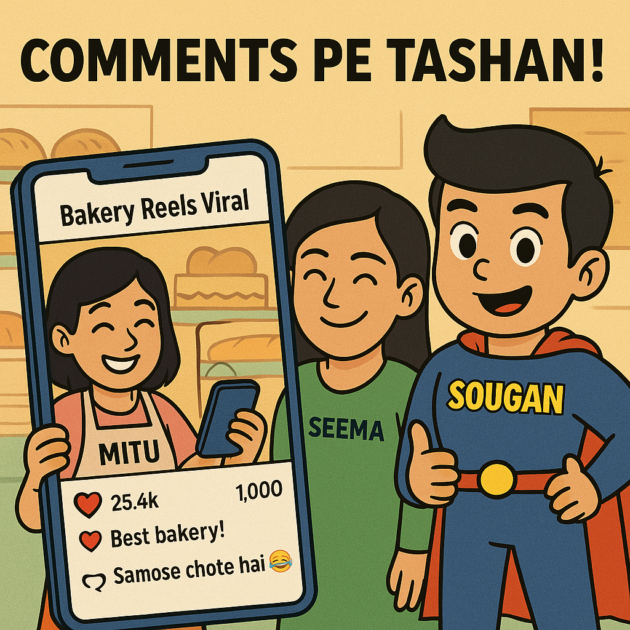 SEO comic story showing Sougan guiding Mitu and Seema on how to handle viral comments and trolls with smart digital marketing replies
