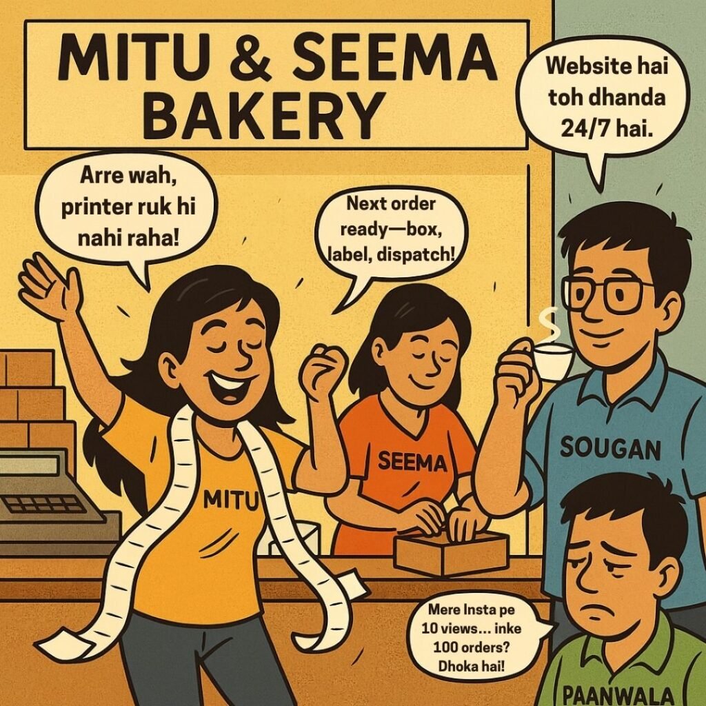 Sougan shows Mitu and Seema the Peplio Image Optimizer making the bakery website fast in an SEO comic story