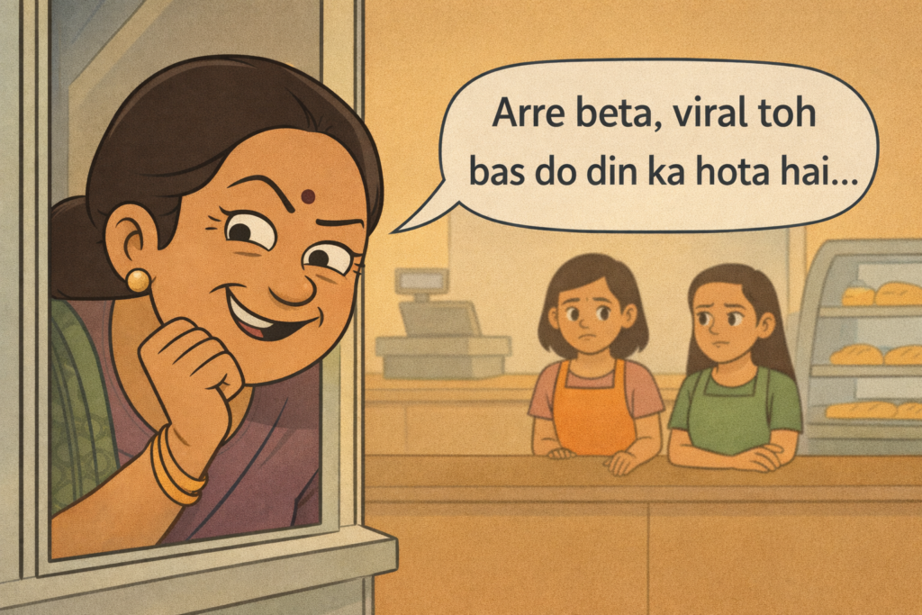 Noisy Aunty mocks Bakery Instagram Ads at the vegetable market while Mitu panics and Sougan shows step one.
