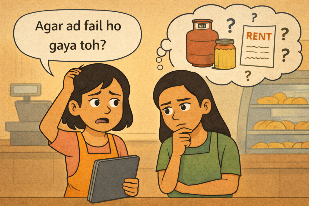 Seema and Mitu find Paanwala caught behind a cyber cafe screen showing the wrong Bakery Instagram Ads post.