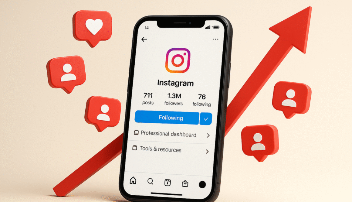 How to increase Instagram followers fast illustrated by a smartphone with follower icons and a red upward growth arrow.