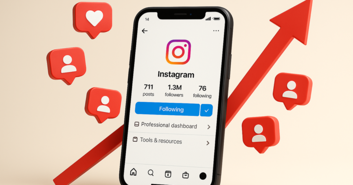 How to increase Instagram followers fast illustrated by a smartphone with follower icons and a red upward growth arrow.