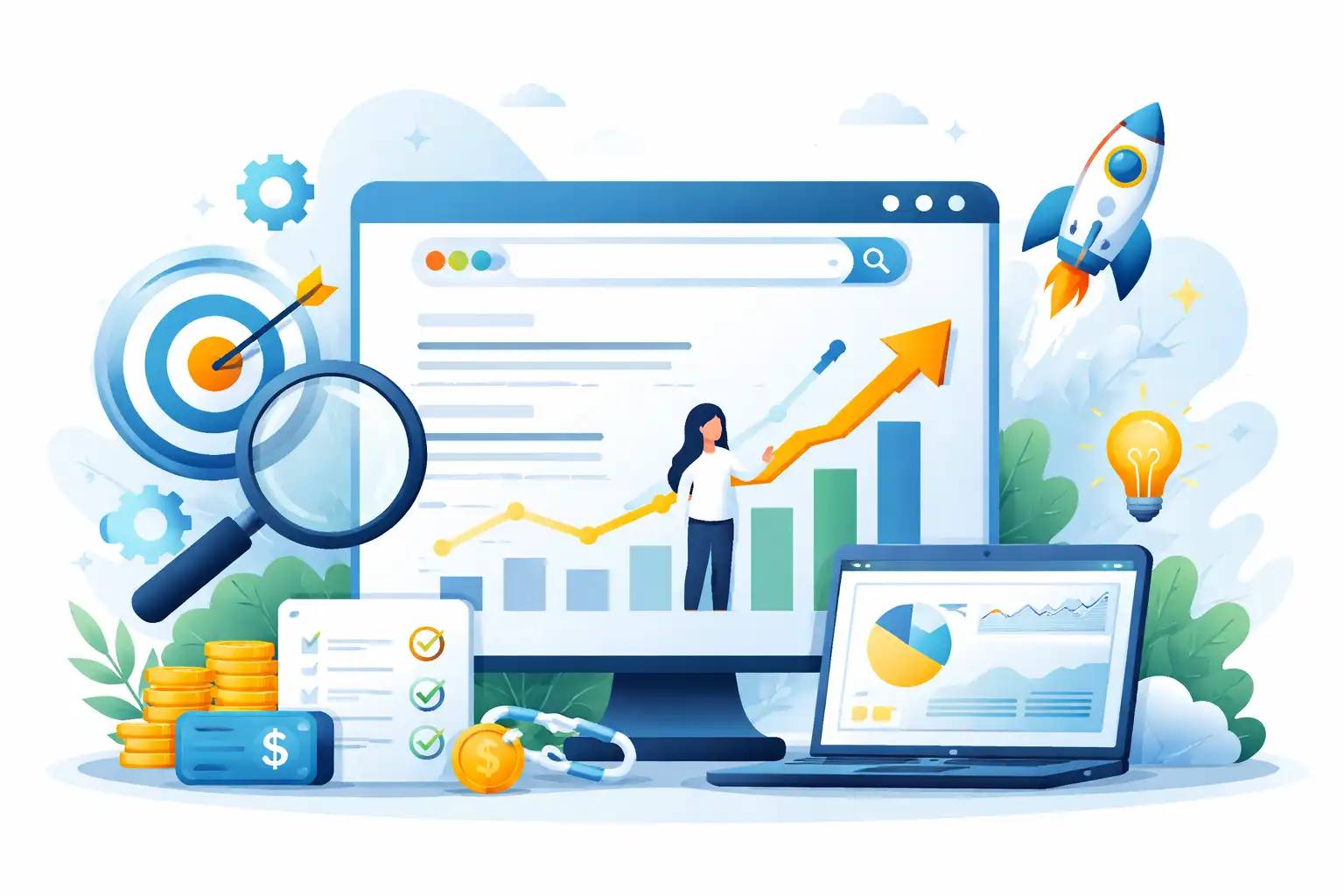 seo purpose illustrated through organic search growth, website analytics, and content optimization