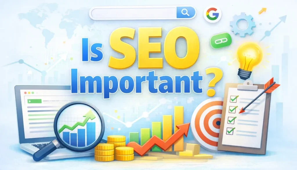 Light-colored SEO illustration showing organic traffic growth, search results, and analytics, explaining why is SEO important for long-term website visibility and business growth