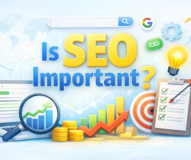 Light-colored SEO illustration showing organic traffic growth, search results, and analytics, explaining why is SEO important for long-term website visibility and business growth