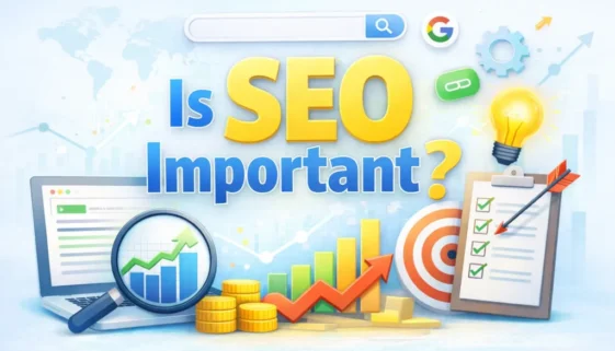 Light-colored SEO illustration showing organic traffic growth, search results, and analytics, explaining why is SEO important for long-term website visibility and business growth