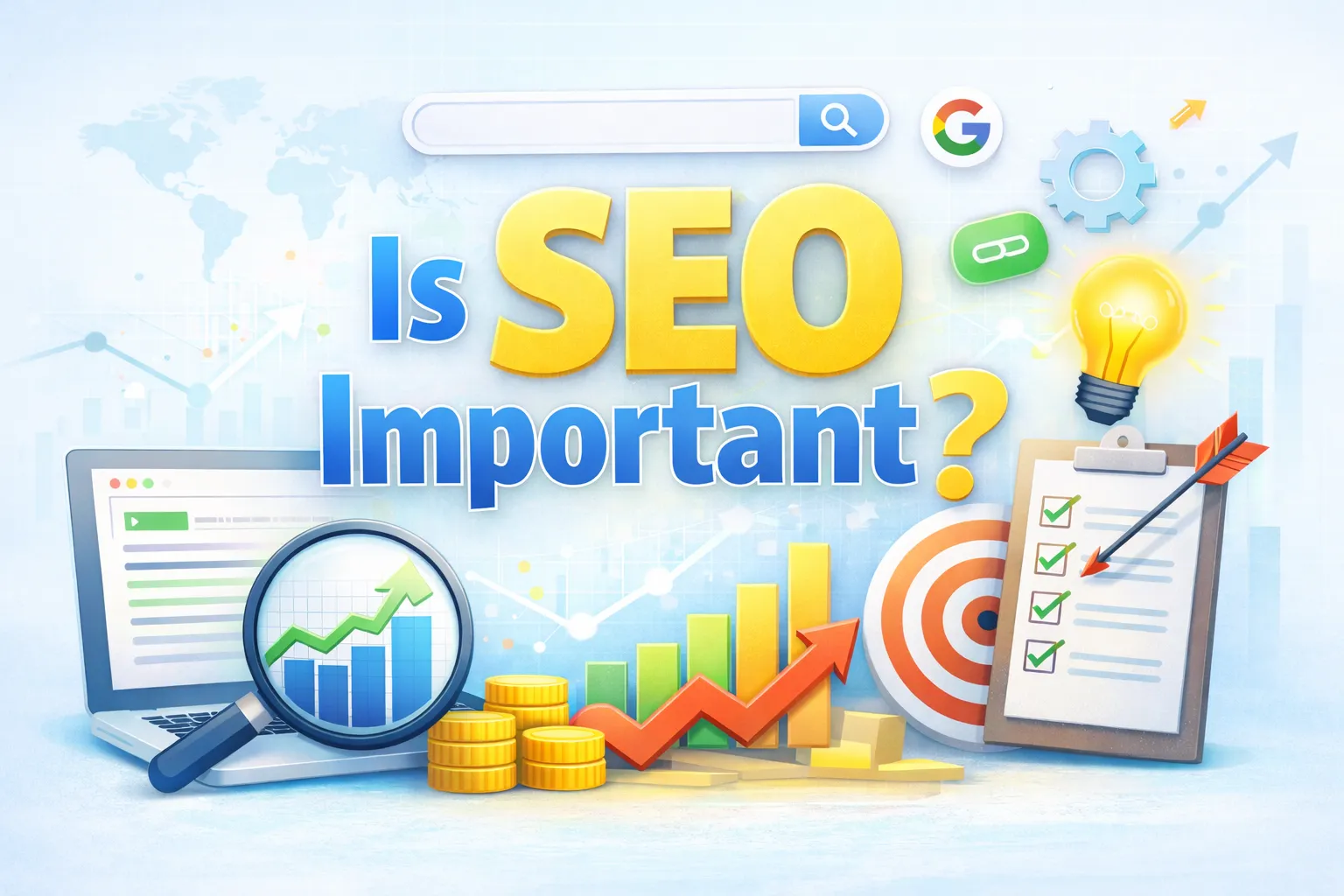 Light-colored SEO illustration showing organic traffic growth, search results, and analytics, explaining why is SEO important for long-term website visibility and business growth