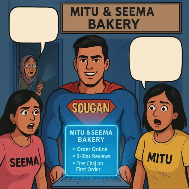 Sougan checks the bakery site speed with a Peplio tool as Mitu faints and Seema spots Paanwala's cake site.