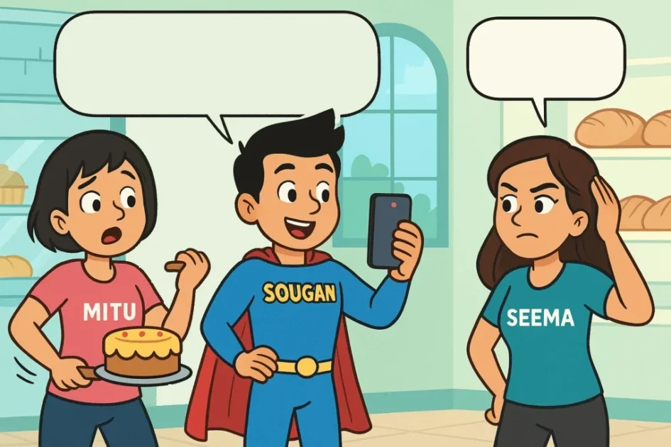 Sougan teaches reel hook tips on a chalkboard to Seema at a chai stall, SEO comic story