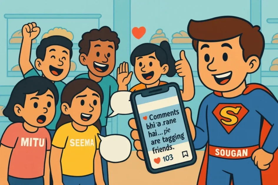 Sougan teaches Seema and Mitu caption keywords on a chalkboard in this SEO comic story