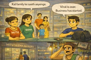 Cartoon illustration of Mitu, Seema, and Sougan calmly closing the day at Mitu Seema Bakery as a customer promises to return, while a worried paanwala watches outside.