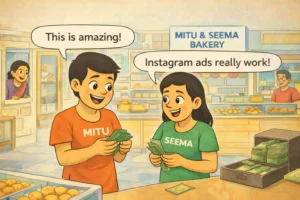 Cartoon illustration of Mitu and Seema inside their bakery happily counting earnings after a successful Instagram ad, while a nosy aunty watches from outside.