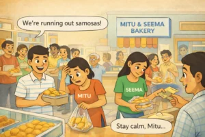 Cartoon illustration of Mitu and Seema managing a busy bakery as customers line up for samosas after seeing an Instagram ad.