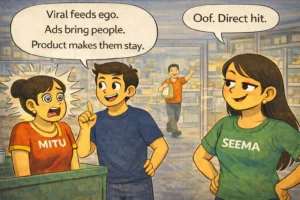 Cartoon illustration of Sougan explaining a marketing insight to a shocked Mitu while Seema reacts sarcastically inside Mitu Seema Bakery.