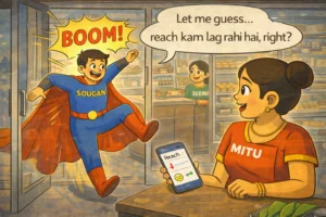 Cartoon illustration of Sougan making a dramatic entry into Mitu Seema Bakery as Mitu reacts in surprise, marking a turning point in the story.