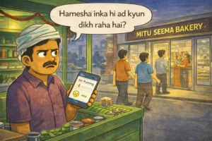 Cartoon illustration of a frustrated paanwala watching customers walk past his stall into Mitu Seema Bakery while his ad is running.