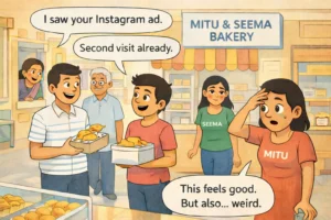 Cartoon illustration of Mitu and Seema inside their bakery as customers mention seeing an Instagram ad and returning for a second visit.