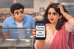 Mitu looking confused at an empty bakery counter, representing AI written blog posts not ranking on Google.