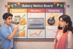 Bakery notice board showing expected growth, harsh reality, and unexpected results, symbolizing why AI-written blog posts are not ranking on Google.