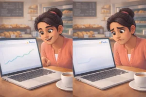 Mitu watching a laptop with a rising then fading performance graph and Peplio logo, showing why AI-written blog posts are not ranking on Google.