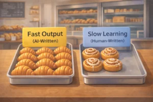 Two bakery trays comparing fast AI-written content and slow human-written learning, used as a metaphor for why AI-written blog posts struggle to rank on Google.