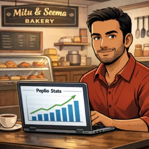 Sougan working on his laptop inside Mitu & Seema Bakery, calmly reviewing Peplio analytics showing steady growth.