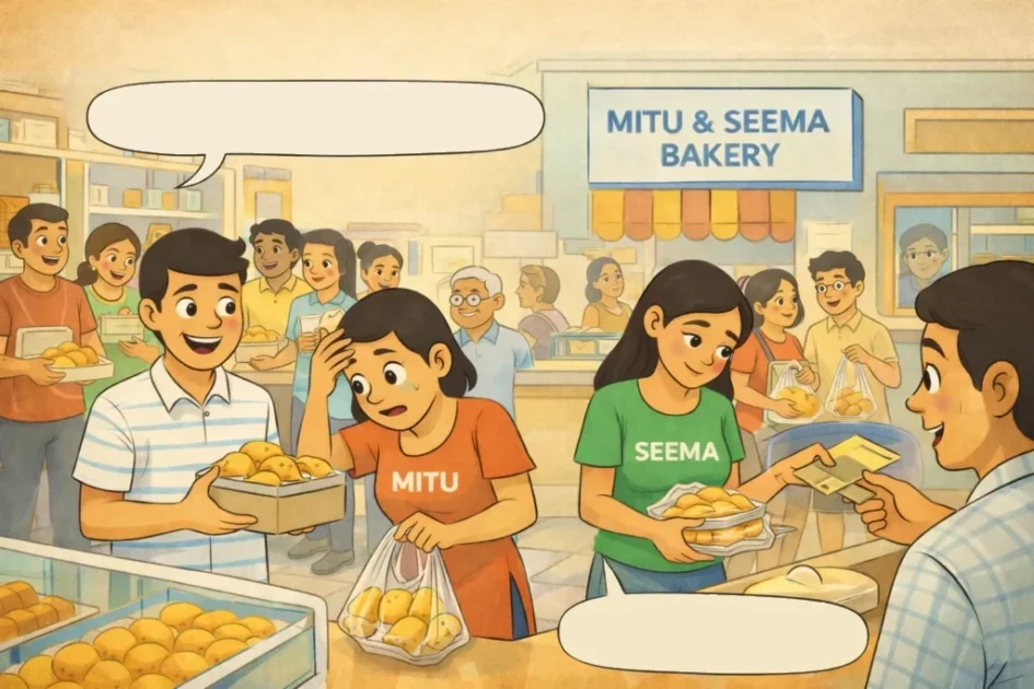 Cartoon illustration of Mitu and Seema managing a busy bakery as customers line up for samosas after seeing an Instagram ad.