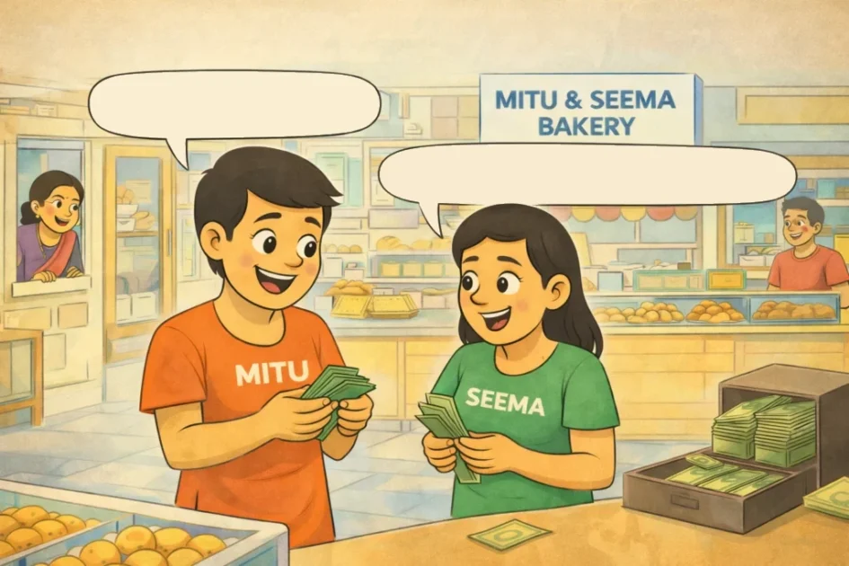 Cartoon illustration of Mitu and Seema inside their bakery happily counting earnings after a successful Instagram ad, while a nosy aunty watches from outside.