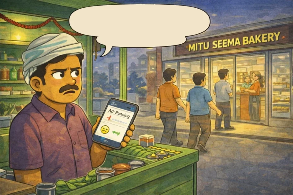 Cartoon illustration of a frustrated paanwala watching customers walk past his stall into Mitu Seema Bakery while his ad is running.