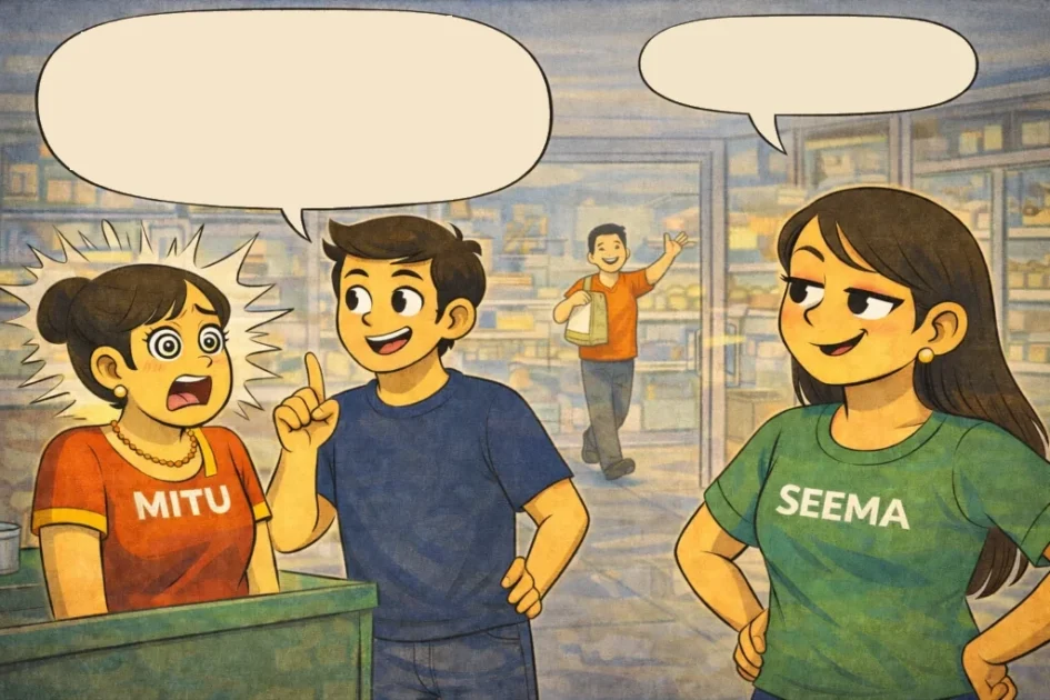 Cartoon illustration of Sougan explaining a marketing insight to a shocked Mitu while Seema reacts sarcastically inside Mitu Seema Bakery.