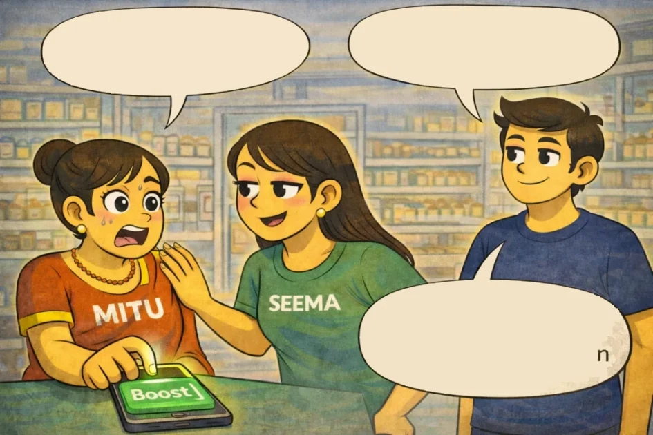 Cartoon illustration of Mitu hesitating to boost an Instagram ad while Seema stops her and Sougan advises switching from acquisition to retention inside Mitu Seema Bakery