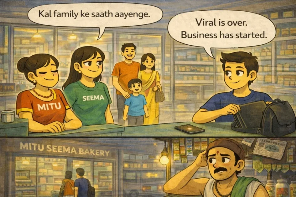 Cartoon illustration of Mitu, Seema, and Sougan calmly closing the day at Mitu Seema Bakery as a customer promises to return, while a worried paanwala watches outside.