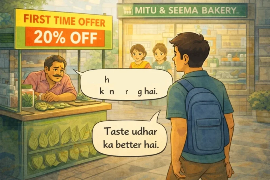 Sougan, Seema and Mitu find website problems on a laptop that stop visitors from ordering at the bakery