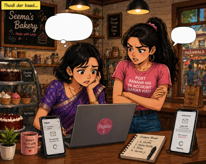 Sougan uses the Peplio Website Speed Analyzer on a laptop and Mitu faints at the red score for website speed.