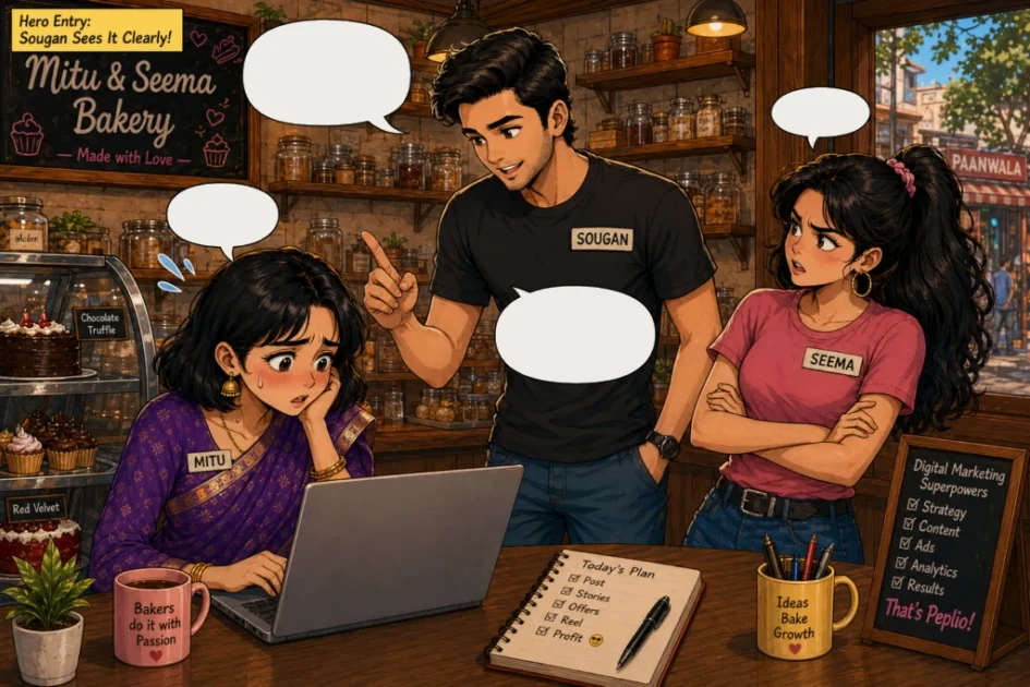 Sougan shows Mitu and Seema the heavy 6 MB cake photos slowing the bakery website.