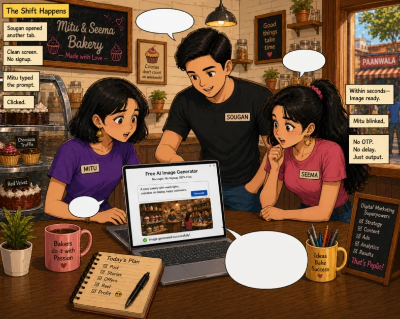 Sougan and Mitu shrink a cake photo using the Peplio Image Optimizer tool at a cyber cafe.