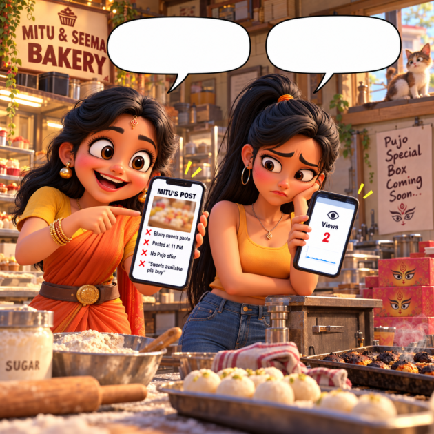 Mitu proudly shows a blurry sweets post while Seema points at only 2 views