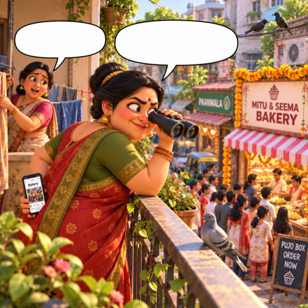 Noisy Aunty spies on the bakery queue with binoculars while hiding her phone