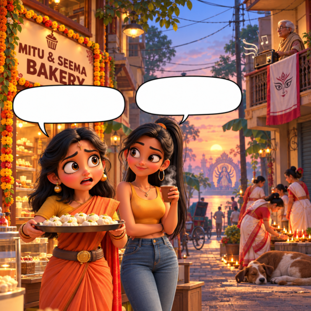 Mitu and Seema outside the bakery at 4 AM on Mahalaya as Chandipath plays in an SEO comic story