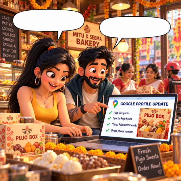 Seema updates the bakery Google profile with a Pujo Box poster as Sougan watches