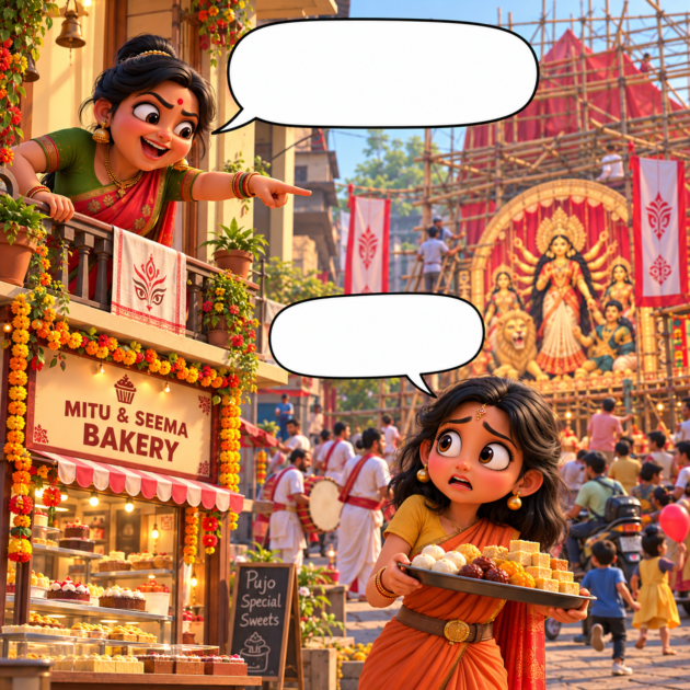 Noisy Aunty taunts Mitu from her balcony while the market builds a Durga Puja pandal