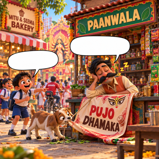 Paanwala naps on his rolled Pujo Dhamaka banner as a goat chews the rope