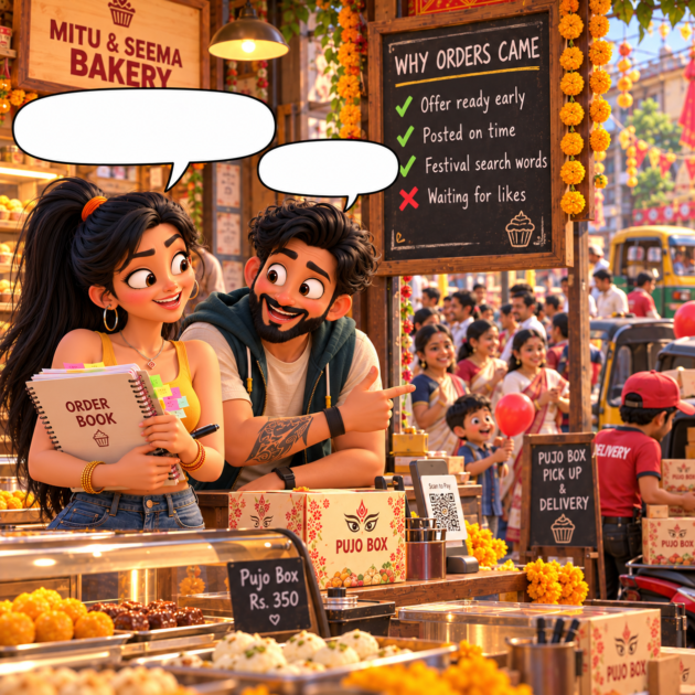 Seema and Sougan at a busy bakery counter as a Pujo queue forms outside